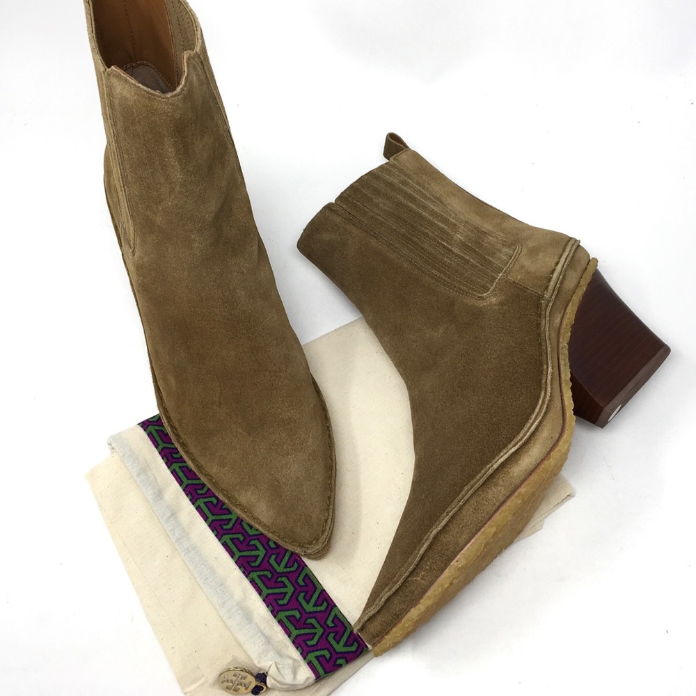 Tory Burch Lila Heeled Ankle Boot Natural Suede Alice Brown - Picture 14 of 15